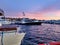Boats docked at Lake Washington at sunset