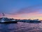Boats docked at Lake Washington at sunset