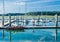 Boats docked at the marina of Keroman-La Base. On the background - Le Crapaud and the Regensburg wreck. Lorient, Brittany