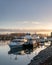 Boats docked on pier on Rhine. Hessen, Germany