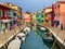 Boats docking and colorful houses in a canal street houses on Burano island, Venice, One unrecognizable people