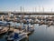 Boats in Esbjerg Strand marina, Esbjerg city, Jutland, Denmark, on North Sea coast