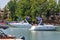 Boats flying Trump 2020 flags for President Donald Trump on Lake Norman near the Trump National Golf Club Charlotte