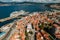 Boats and giant transatlantic cruise ship moored in the port of Vigo, Galicia, Spain