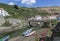 Boats in gorge at Staithes, N, Yorks, England