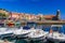 Boats at the harbor in the old town of Collioure, a seaside resort in Southern France