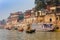 Boats and historic buildings at the Lalita Ghat in Varanasi