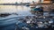 boats at an industrial dock that have been partially covered in trash and other debris