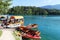 Boats at island in Bled Lake, Gorenjska, Slovenia