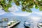 Boats, jetty & volcanoes, Lake Atitlan, Guatemala