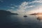 Boats on lake Leman in Montreux at sunset light