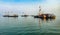 Boats lined up in Triveni Sangam, Prayagraj, Allahabad, India