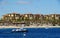 The boats and luxury waterfront resort hotels by the beach near Cabo San Lucas, Mexico