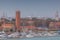 Boats in the marina of island of Sant`Elena and football stadium, Venice