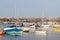 Boats moored in a bay