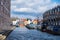 Boats moored in a canal in New Islington newly developed area in Manchester