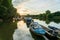 Boats moored on the docks along the river Thames in Twickenham,  West London