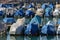 Boats moored in the harbor covered with blue tarps, Zurich