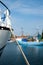 Boats moored in the harbor, island Moen, Denmark