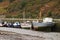 Boats moored at low tide