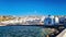 Boats moored in Mykonos harbour, Greece