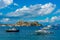 Boats mooring next to the Palaio Frourio at Greek island Corfu