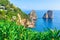 Boats near Faraglioni cliffs and Tyrrhenian Sea of Capri Island