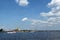 Boats on the Neva river on a Sunny day, view of the Peter and Paul fortress in St. Petersburg