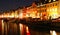 Boats at the Nyhavn harbor in night, Copenhagen