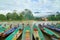 Boats Park in the Riverside Waiting the Tourists for Sightseeing in Nam Song River, Vang Vieng, Laos