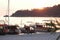 Boats parked at the habor during sunset.