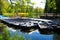 Boats on the pier in the city Park. Summer Park with a lake. Docked wooden rowing boat.