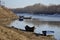 Boats and pontoons on the river Borcea