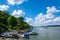 Boats on the river Danube in old marina in Zemun, Serbia. White clouds on the blue sky