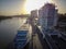 Boats on the river Don and city panorama at sunset. Rostov-on-Don, Russia. Aerial view