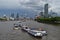 Boats river Thames London skyline skyscrapers