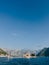 Boats sail near the island of Gospa od Skrpjela in the Bay of Kotor. Montenegro