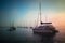 Boats in San Diego Bay in hazy early morning light