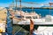 Boats scene, idyllic view of moored nautical vessels at wooden pier at coast of Majorca, Span