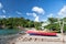 Boats on sea beach in fishing village of castries, st.lucia. Fishing and recreation on tropical island. Travel on water and wander