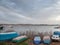 Boats and ships, some fishing ships and old and rusty abandoned boats standing on the riverbanks of river Dabube on Zemunski Kej