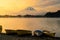 boats at Shoji lake and mt. Fujisan at sunrise