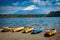 Boats on the shore of Lake Shoji, with Mount Fuji in the background. Japan