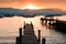 Boats on the shore of Titicaca lake at sunset in Copacabana, Bolivia