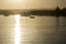 Boats silhouette at sunset, in Quatro Aguas port backgro