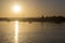 Boats silhouette at sunset, in Quatro Aguas port backgro