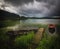 Boats in small bay on Jonsvatnet lake, Norwegian summer time