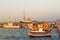 Boats at sunset in santorini, Greece