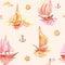 Boats at sunset or sunrise. Pink seamless background. Wallpaper vector template