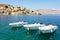 Boats in Symi town harbor, Dodecanese islands, Greece